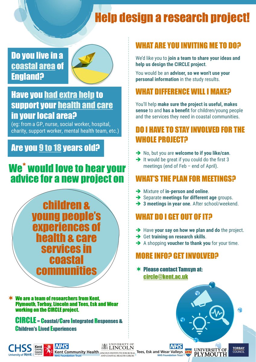 CaVCA (@cavca1) on Twitter photo Are you 9 to 18 years old, live in the Scarborough area and ever had extra help to support your health and care?
The CIRCLE team would love to hear your advice for a new project on experiences of health & care services in coastal communities!
Contact Tamsyn at circle@kent.ac.uk Are you 9 to 18 years old, live in the Scarborough area and ever had extra help to support your health and care?
The CIRCLE team would love to hear your advice for a new project on experiences of health & care services in coastal communities!
Contact Tamsyn at circle@kent.ac.uk