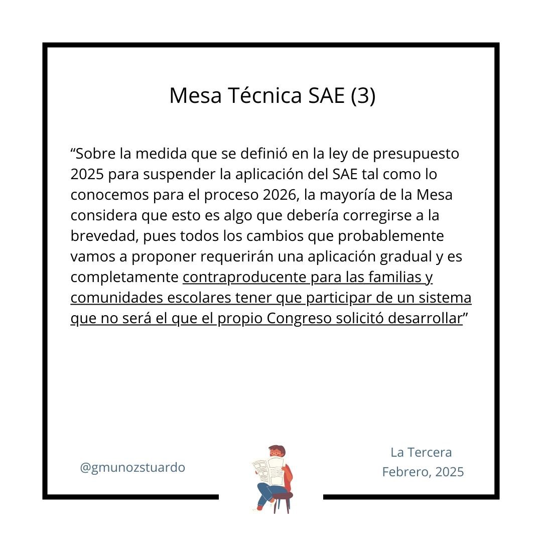 La mesa técnica que se creó para proponer mejoras al SAE terminó su primera fase de trabajo. Acá opinión sobre aspectos más relevantes que se han tratado y enlace a una declaración pública que la Mesa firmó unánimemente a fines de enero mineduc.cl/mesa-tecnica-s…