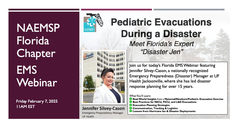 Join today at 11AM EST for the Florida EMS Webinar featuring Jennifer Silvey-Cason, a Disaster Manager at <a href="/UFHealthJax/">UF Health Jacksonville</a>, to learn how to evacuate children during a disaster. 
<a href="/EMSCImprovement/">EMSC Innovation & Improvement Center</a>  <a href="/npdcoalition/">National Pediatric Disaster Coalition (NPDC)</a> <a href="/pfrostamis/">Patricia Frost PNP, Pediatric Disasterologist</a>