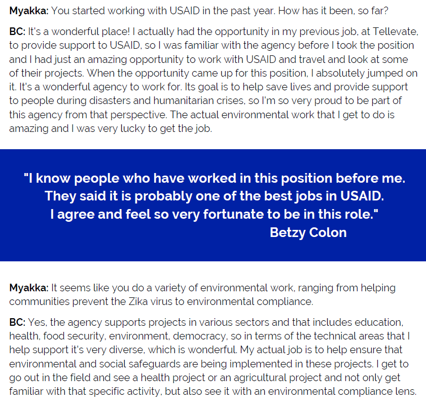 SoilWaterSci's tweet photo. Resharing an excerpt of a Q&amp;A with one of our M.S. alumna, Betzy Colon, from Fall 2019.
#USAID #environment #foodsecurity #HumanitarianRelief

You can read the full interview in our newsletter:
https://t.co/VdIaGLXP43 https://t.co/IYe6DKBE4O