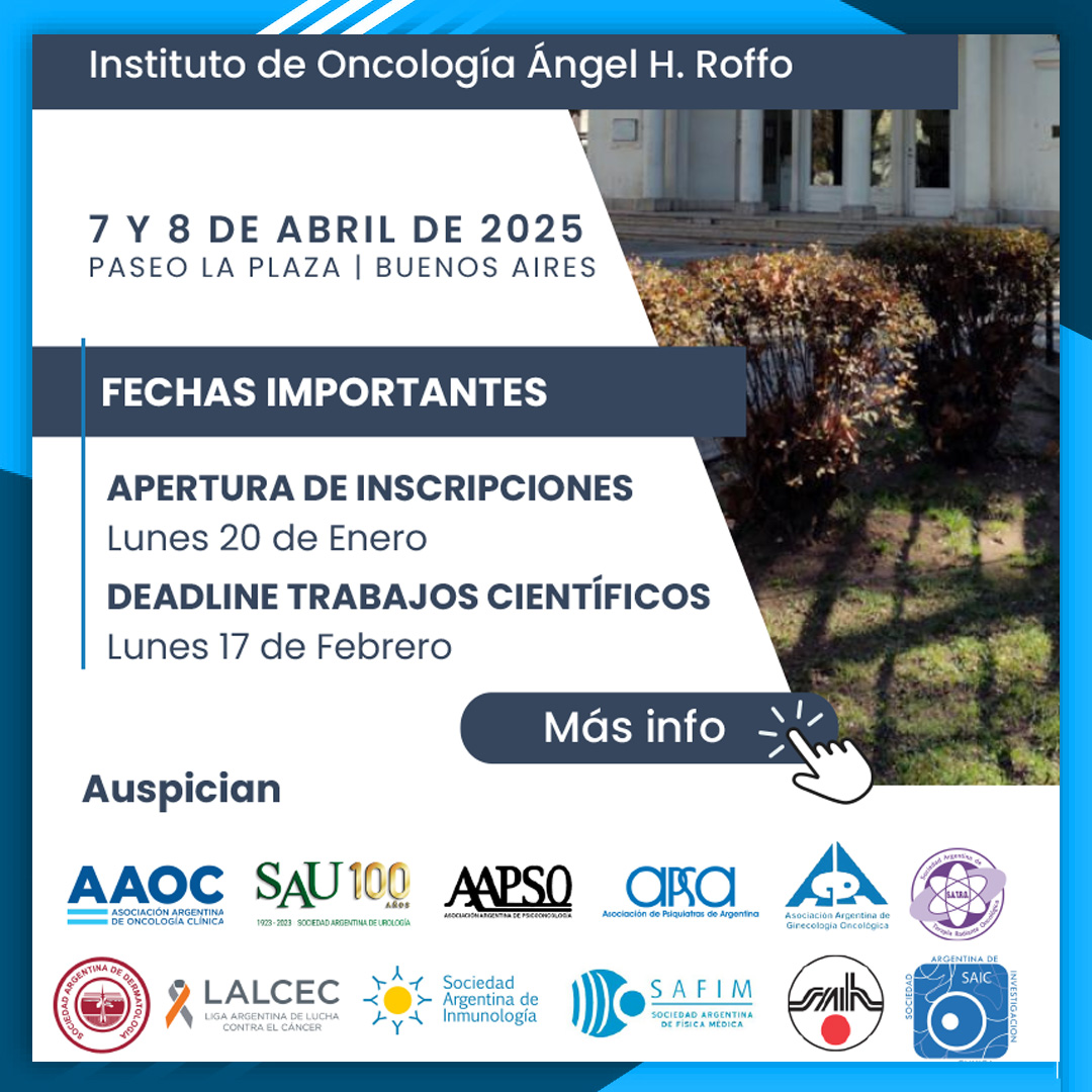 Sociedad Arg. de Inmunología (@sai_org) on Twitter photo La Sociedad Argentina de Inmunología invita a sus socios a participar de las XXXVI Jornadas Multidisciplinarias en Oncología organizadas por el Instituto de Oncología Ángel H. Roffo. Las mismas se realizarán en el Paseo de la Plaza, los días 7 y 8 de abril.
<a href="/institutoroffo/">Instituto de Oncología Ángel H. Roffo</a> La Sociedad Argentina de Inmunología invita a sus socios a participar de las XXXVI Jornadas Multidisciplinarias en Oncología organizadas por el Instituto de Oncología Ángel H. Roffo. Las mismas se realizarán en el Paseo de la Plaza, los días 7 y 8 de abril.
<a href="/institutoroffo/">Instituto de Oncología Ángel H. Roffo</a>