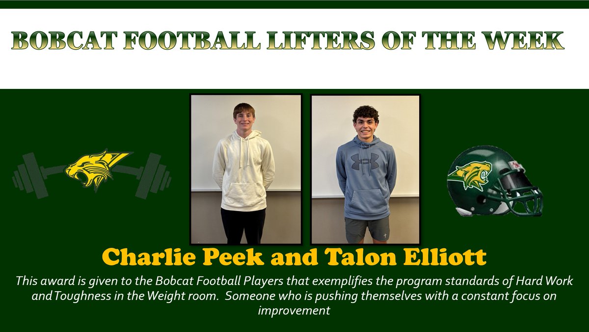 Congrats to this weeks Bobcat Football Lifters of the Week; So. LB Charlie Peek and So. DB Talon Elliott!  Both are in basketball season but still got 4 lifts in this week and are training with a purpose! #HTF #OneVision