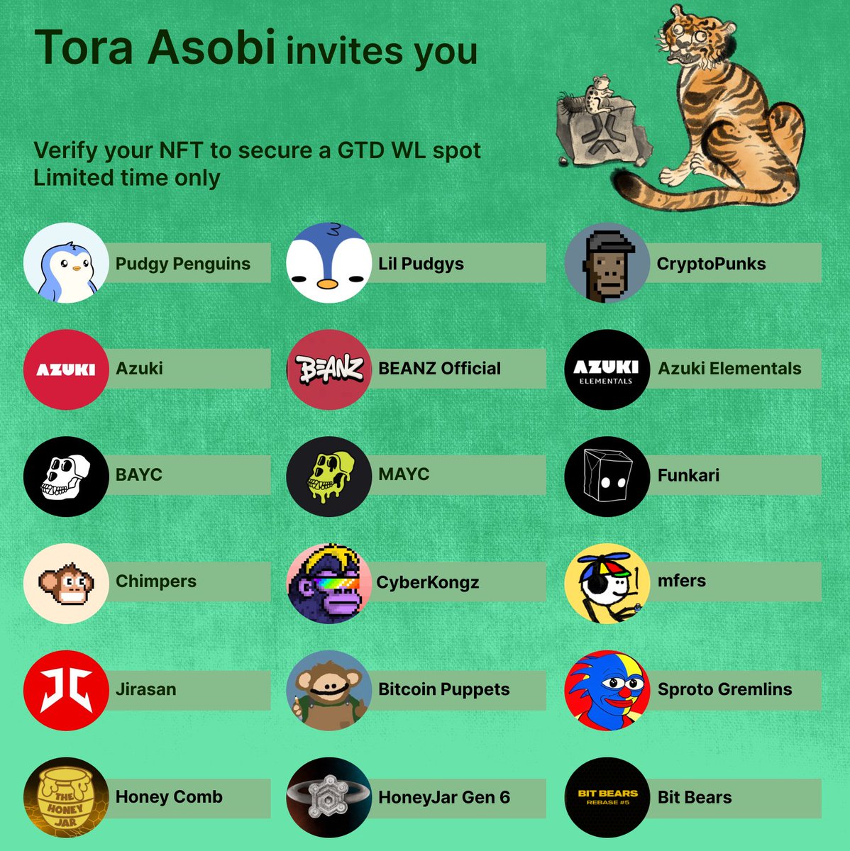 ⚡️Updated GTD WL spots for Tora Asobi!⚡️
Check the full list on our Discord, verify your NFT, and secure your spot now.
✳️The Tora Asobi family is ready to welcome you!✳️