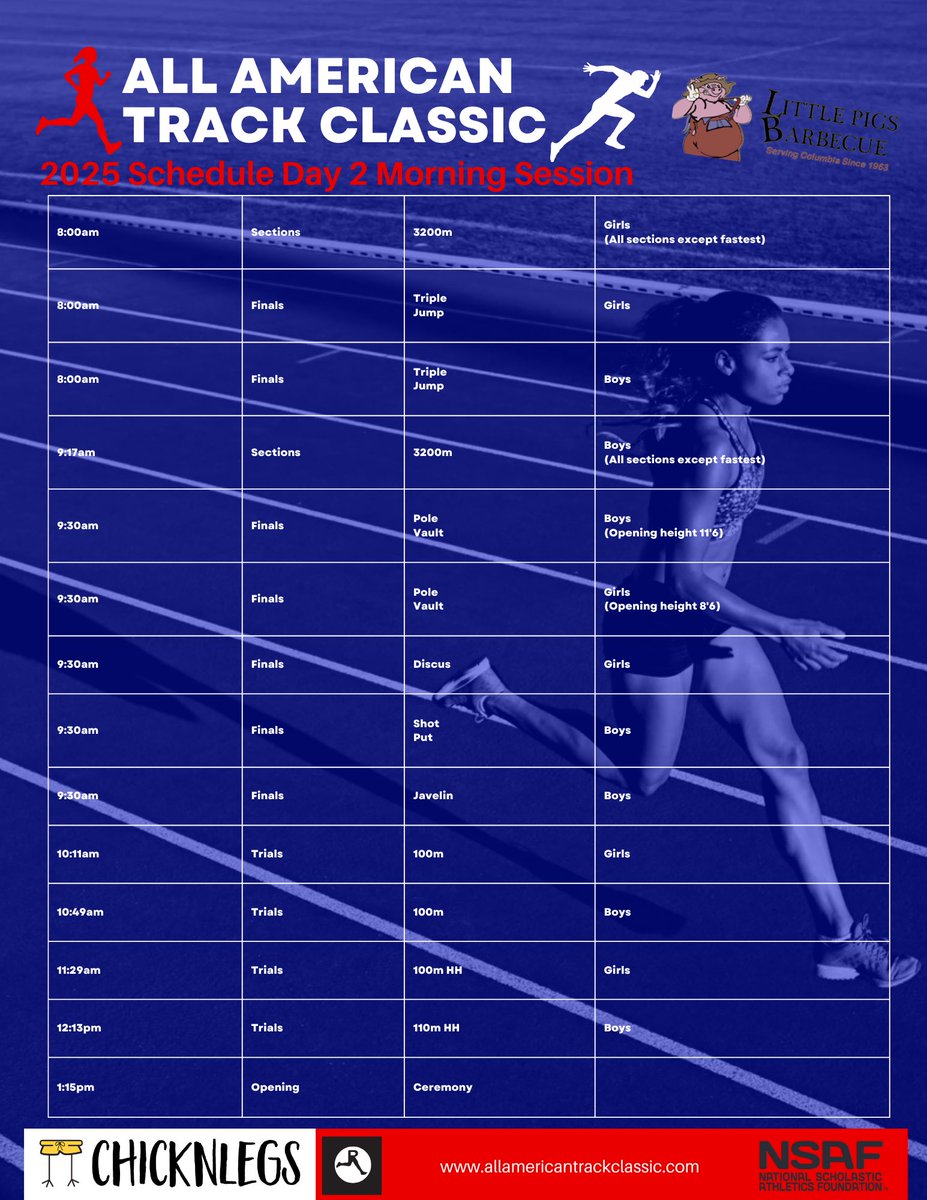 AATrackClassic's tweet image. New Time Schedule! 

Please visit allamericantrackclassic.com for full up-to-date schedule and information. 

Reminder: Meet Registration is through @athleticdotnet 

#trackisback #30thanniversary