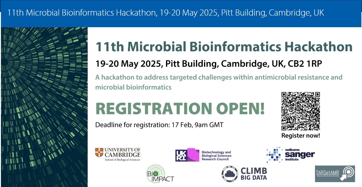 TARGet AMR (@target_amr) on Twitter photo 🔬💻 TARGetAMR is proud to support the 11th Microbial Bioinformatics Hackathon!
Join us in <a href="/Cambridge_Uni/">Cambridge University</a> (18–20 May 2025) to collaborate & tackle challenges in microbial bioinformatics.
🔗 Register here: bio.cam.ac.uk/11th-microbial…
Don't miss this chance to connect & contribute! 🚀 🔬💻 TARGetAMR is proud to support the 11th Microbial Bioinformatics Hackathon!
Join us in <a href="/Cambridge_Uni/">Cambridge University</a> (18–20 May 2025) to collaborate & tackle challenges in microbial bioinformatics.
🔗 Register here: bio.cam.ac.uk/11th-microbial…
Don't miss this chance to connect & contribute! 🚀