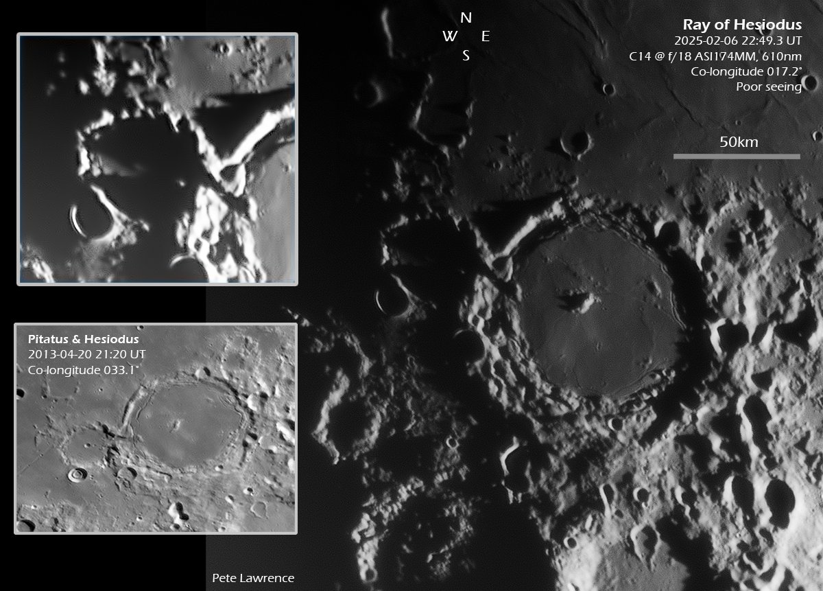 The Ray of Hesiodus is an effect caused by the dawn lunar light streaming through a gap in the co-joining rim wall the Pitatus. Imagine the view from the far side of Hesiodus as sunlight first appears. Why am I thinking of sneaky UFOs? 😂