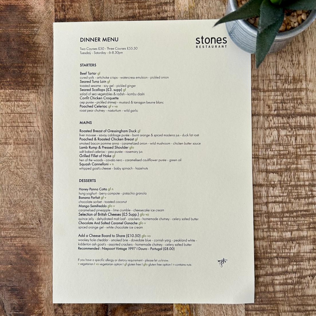 🍴Our new menus are being served for the first time this week. We have tables at Stones throughout February, particularly for midweek lunch and at 6pm for dinner⁠. ⁠As well as on our website, you can book at: ⁠
⁠
✉️ info@stones-restaurant.co.uk ⁠⁠ ⁠
📱01629 56061⁠⁠