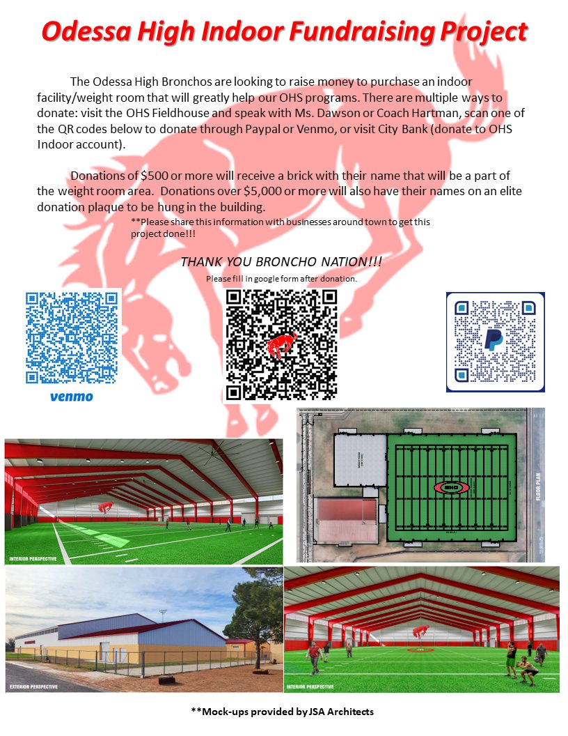 We are looking to make some good gains on this indoor.  Everyone I speak with agrees we need this at OHS.  As a community, we are asking to show the love!! Let's go Broncho Nation!! <a href="/OHSBronchoFB/">OHS Football</a> <a href="/ECISDAthletics/">EctorCountyISDAthletics</a> <a href="/BigRedBronchos/">Odessa High School</a>