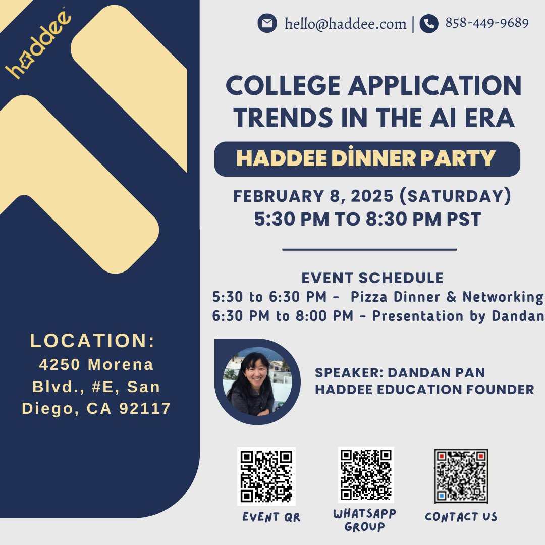 HaddeeC's tweet photo. Enjoy great food and insightful conversations on how AI is shaping the future of college admissions. Happening on Feb 8, 2025 from 5:30 PM – 8:30 PM PST at 4250 Morena Blvd., #E, San Diego, CA 92117 📣📣 https://t.co/RrpYuLQxkz
