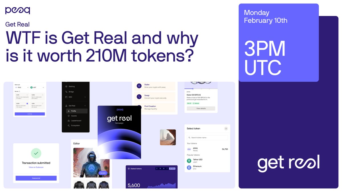 WTF is Get Real and why is it worth 210,000,000 PEAQ tokens?

We’ll be hosting a special Get Real X Space on Monday. Join to get all the scoop on Web3’s realest ever campaign

Drop your Qs below ⬇️

x.com/i/spaces/1Mnxn…