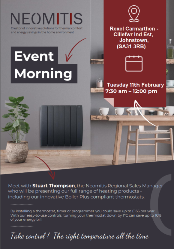 Our RSM <a href="/stuart_neomitis/">Stuart Thompson</a> will be showcasing the #Neomitis product range at <a href="/RexelUK/">RES UK</a> Carmarthen (SA31 3RB) on Tuesday 11th February 7:30 am – 12:00 pm📍

Visit to see how easy our products are to use and install! #Controlofchoice📷 #Thermostat #Electric #Radiators #TowelWarmers