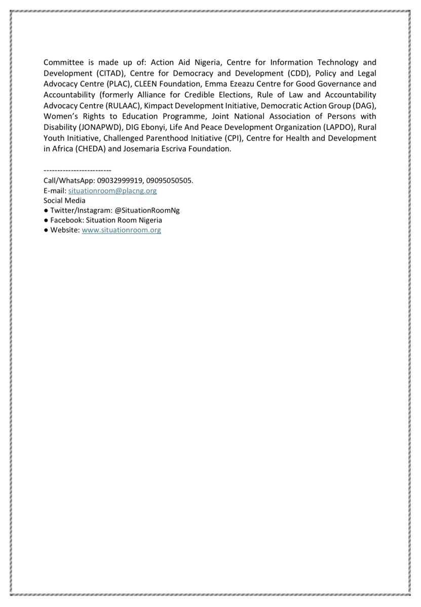 Situation Room (@situationroomng) on Twitter photo SITUATION ROOM WELCOMES THE PRESIDENT’S REQUEST FOR THE REMOVAL OF THREE INEC RESIDENT ELECTORAL COMMISSIONERS, AND THE CONVICTION OF AN ELECTORAL OFFENDER IN AKWA IBOM STATE
Issued in Abuja, <a href="/2pm/">Two O'clock</a> on 7th February 2025 SITUATION ROOM WELCOMES THE PRESIDENT’S REQUEST FOR THE REMOVAL OF THREE INEC RESIDENT ELECTORAL COMMISSIONERS, AND THE CONVICTION OF AN ELECTORAL OFFENDER IN AKWA IBOM STATE
Issued in Abuja, <a href="/2pm/">Two O'clock</a> on 7th February 2025
