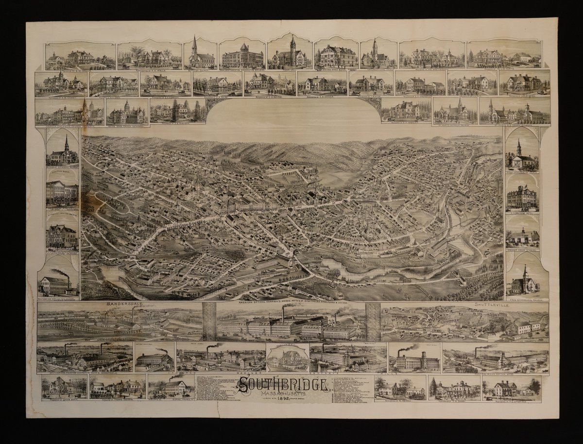 This 1892 map of Southbridge, MA offers a unique perspective of the town. Unlike other birds-eye views, this map (which was likely decorative rather than directional) shows the town from an almost lateral perspective. #ArchivesLandscape