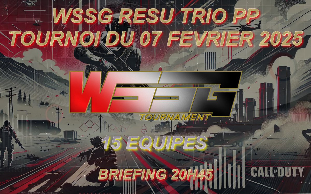 WSSG158697's tweet photo. Bonjour, la WSSG vous invite à leur tournoi qui aura lieu le Vendredi 07 Fevrier 2025.

➡️ RESU TRIO PP
➡️ BRIEFING 20H45 
➡️ 15 EQUIPES

https://t.co/xdYluzp0eh https://t.co/fblN756GEH