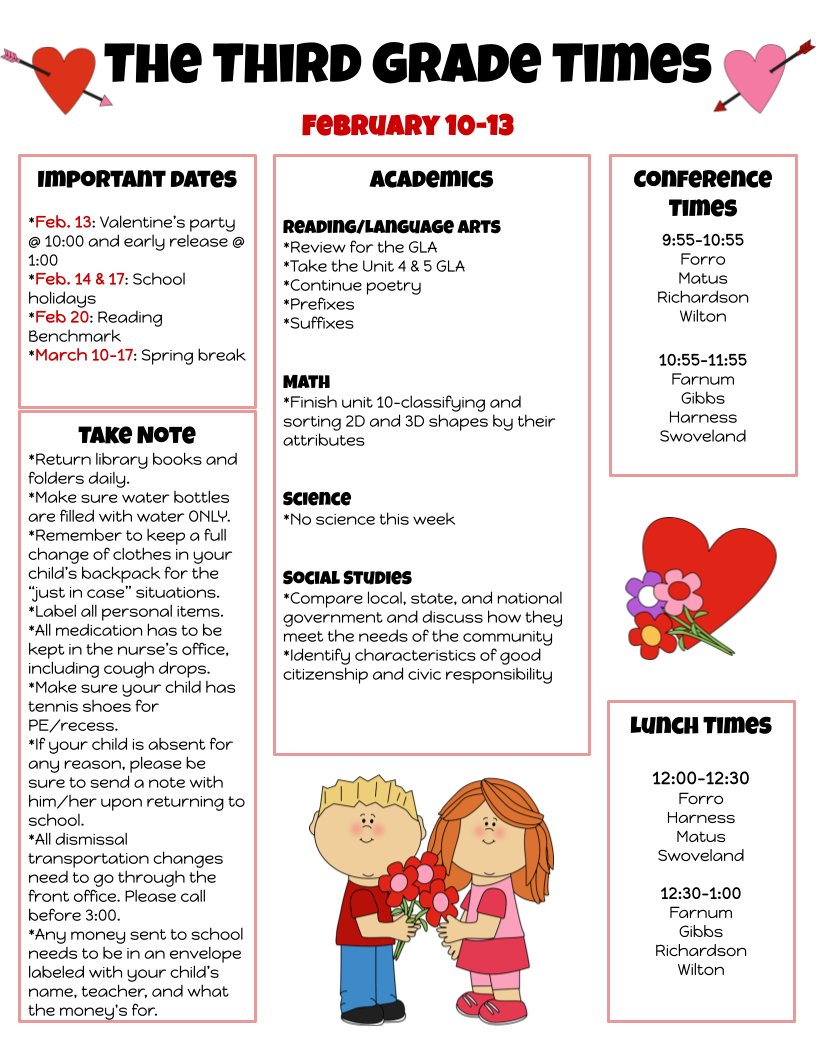 Here is the newsletter for next week. Remember that our party is  February 13, at 10:00.  You are welcome to sign your child out after the party is over. February 13 is also an early release day at 1:00. And don't forget that February 14 and 17 are holidays! #RobinsonUSD <a href="/ElemRob/">Robinson Elementary</a>
