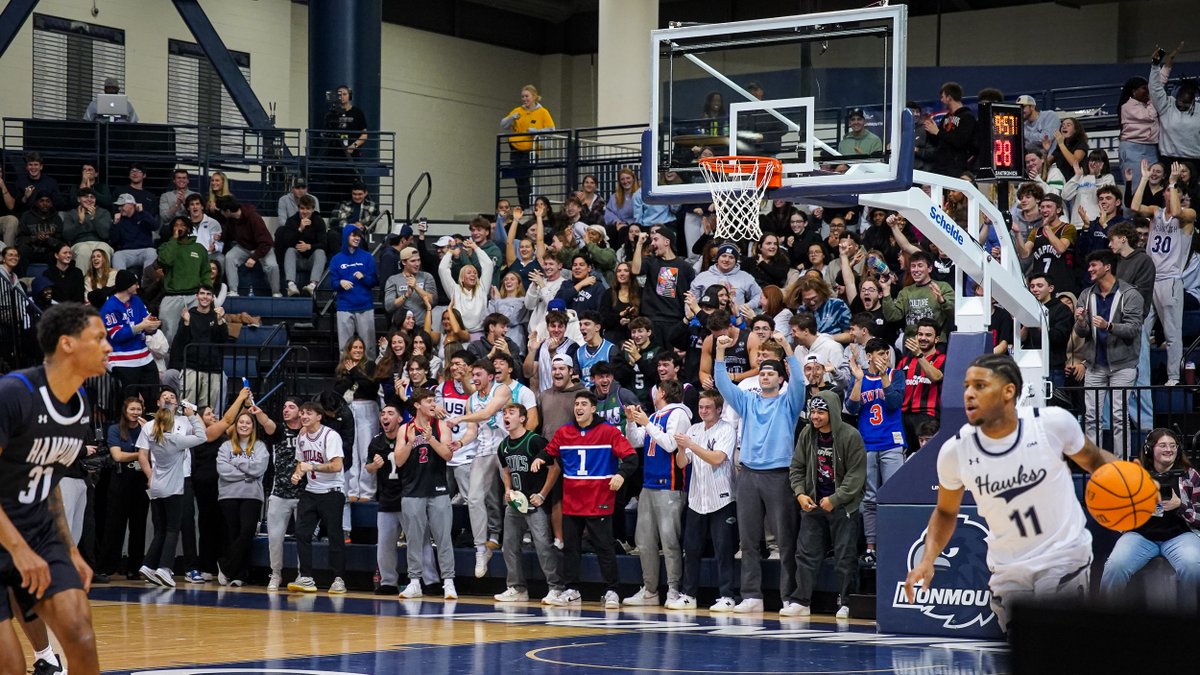 steveedelsonapp's tweet photo. This shot of the Monmouth student section going nuts was not after a basket, but after two missed free throws by Hampton in the second half secured free tacos for everyone at OFBC. And Monmouth beat Hampton. Good night in WLB  https://t.co/AYsSU22anL via @APPSportsDesk https://t.co/NUxVO72xIQ