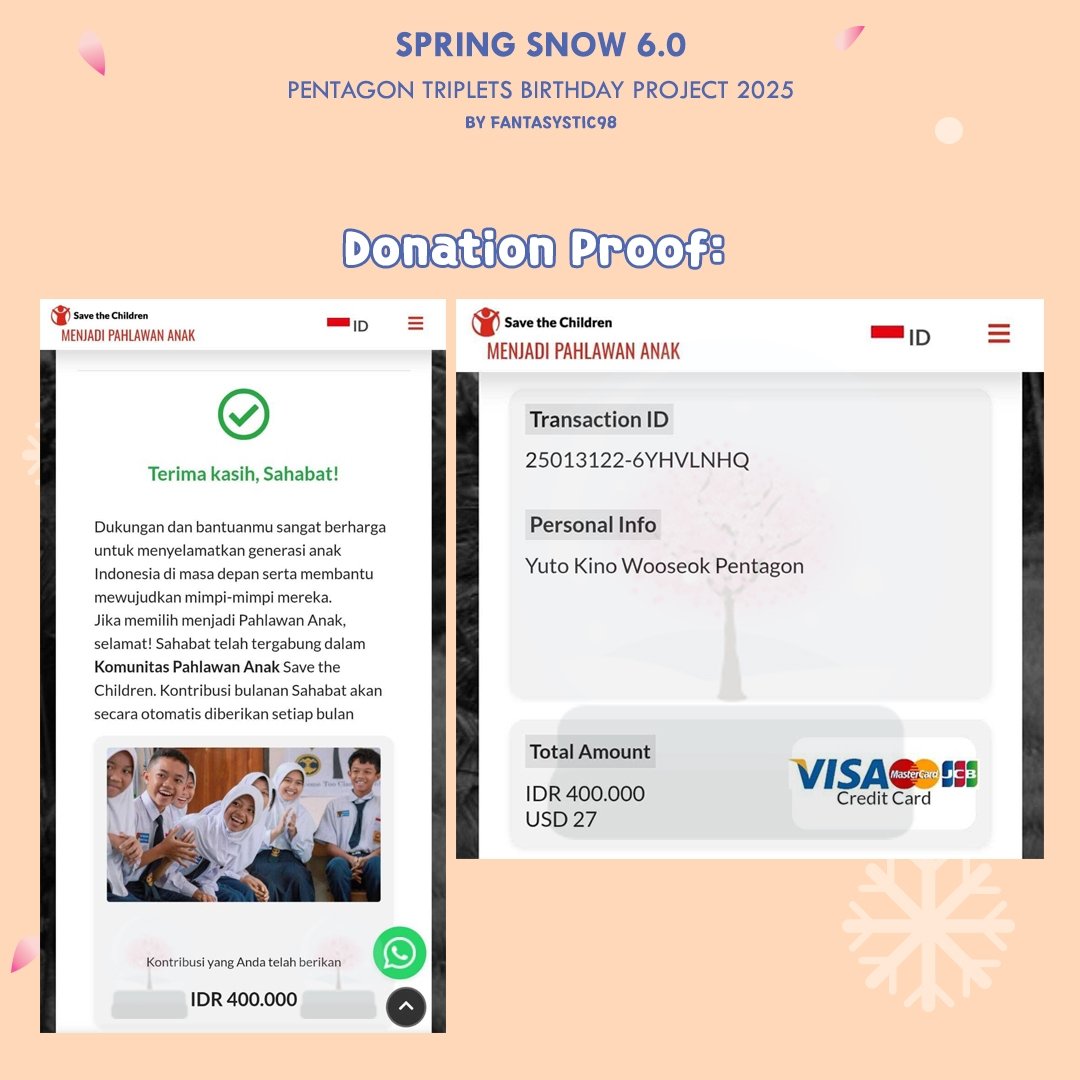 Here is the Spring Snow 6.0 project report

We have donated 400,000 Rupiah to Save to Children in the name of Yuto, Kino and Wooseok Pentagon for "Supporting Young People with Disabilities"

The donation tracker can be seen here:
x.com/fantasystic98/…