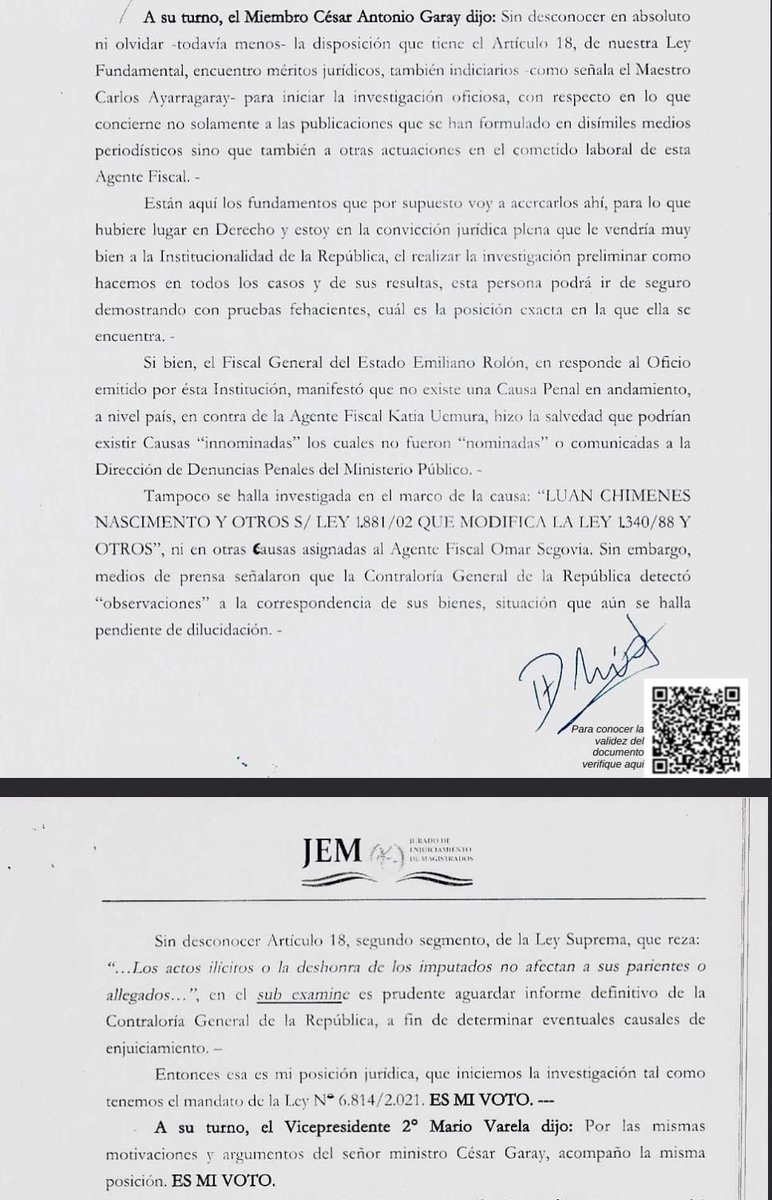 MarioSenadorPY's tweet photo. Informo a la opinión pública que con respecto a este punto tratado en sesión del Jurado de Enjuiciamiento de Magistrados, he votado por el inicio de la investigación acompañando la moción del preopinante. Adjunto video de la sesión ordinaria del 19 de diciembre del 2023 y el acta https://t.co/GlqdEHfNbP