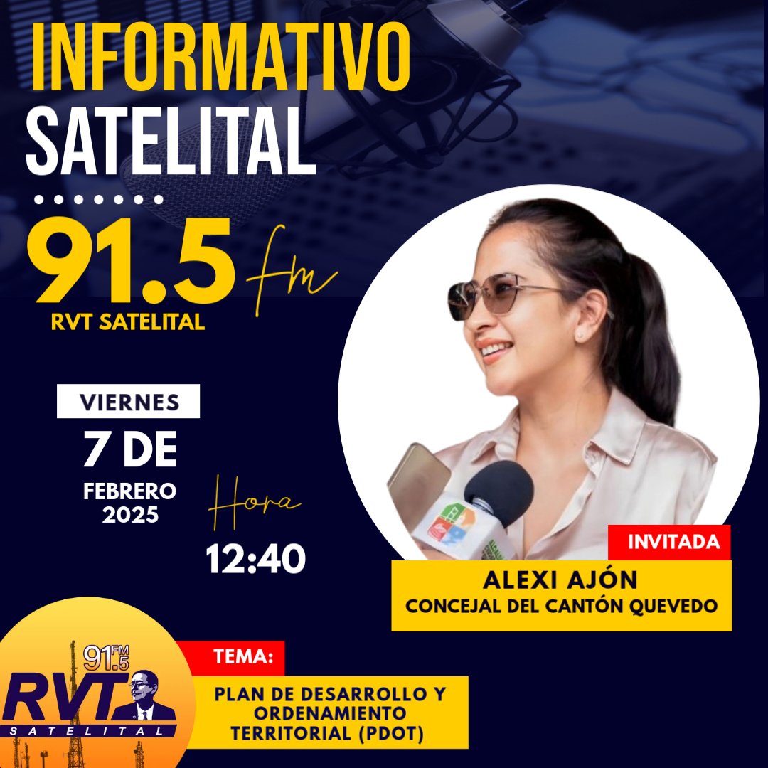 🎤 Entrevista en el Informativo Satelital

Alexi Ajón Velasquez, concejal del cantón Quevedo, para conocer detalles del Plan de Desarrollo y Ordenamiento Territorial (PDOT)

Sigue la entrevista este viernes 7 de febrero a las 12:40.