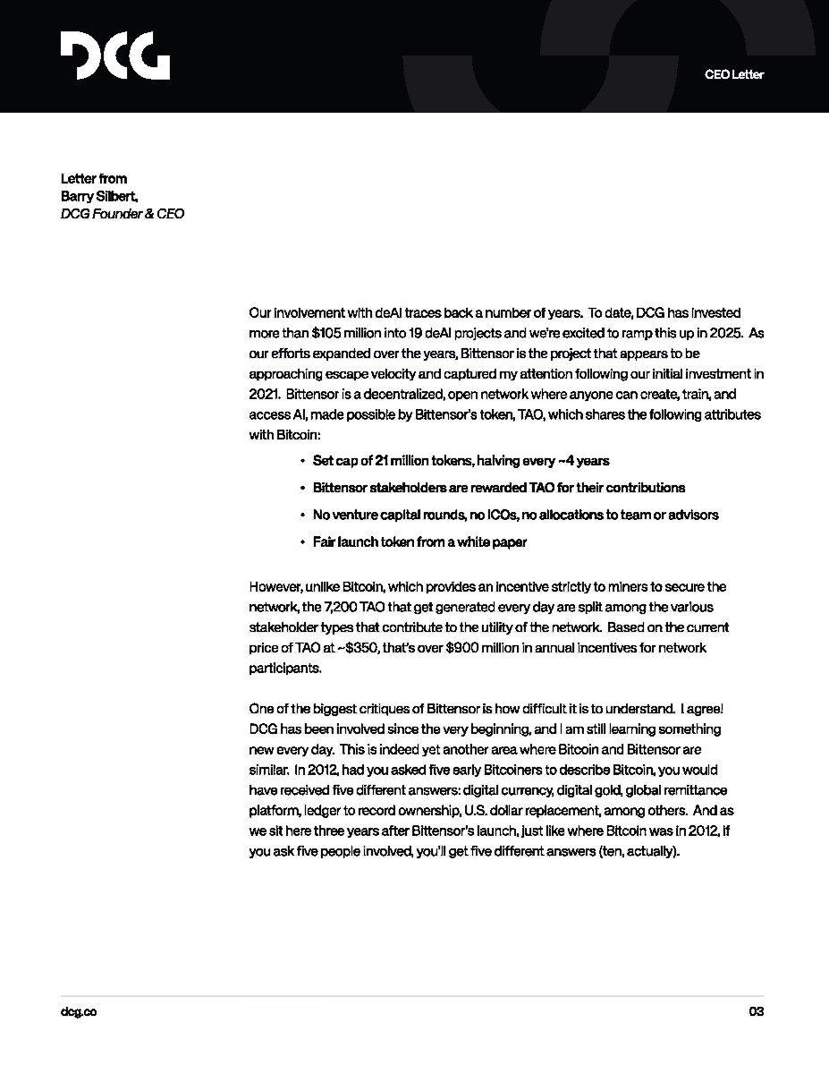 BarrySilbert's tweet image. We are on the threshold of another transformative shift: deAI. For @DCGCo, I wrote below about the evolution from the digital ownership of assets to the decentralized ownership of intelligence and Bittensor as the “World Wide Web of AI.” 
Similar to Bitcoin, Bittensor $TAO is…