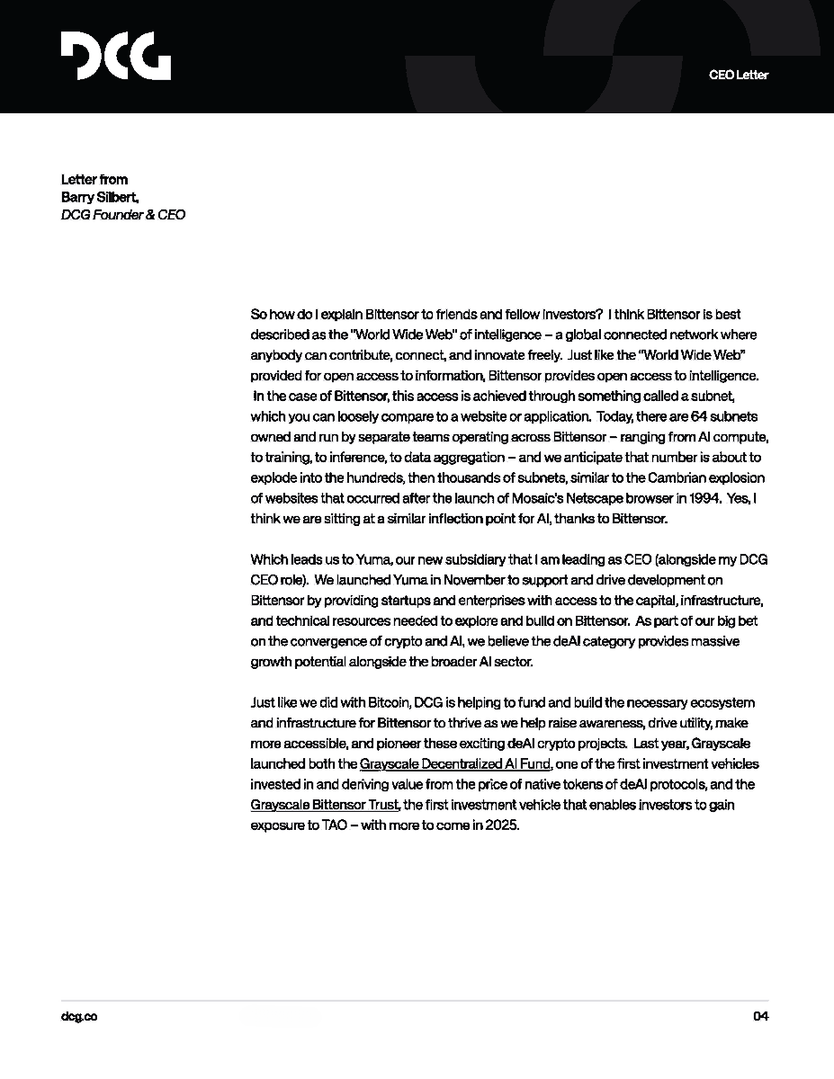 BarrySilbert's tweet image. We are on the threshold of another transformative shift: deAI. For @DCGCo, I wrote below about the evolution from the digital ownership of assets to the decentralized ownership of intelligence and Bittensor as the “World Wide Web of AI.” 
Similar to Bitcoin, Bittensor $TAO is…