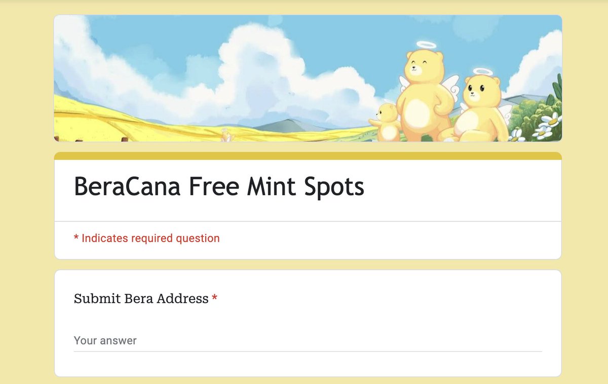 Fill ASAP!!!!

The educational Campaign for <a href="/beracana/">Beracana 🐻⛓</a> upcoming free mint just went live

docs.google.com/forms/d/1JM5R8…

The first to fill correctly automatically gets a GTD WL Spot

The remaining spots will be raffled among those who filled late

Now let's make a #BERACANA trend!