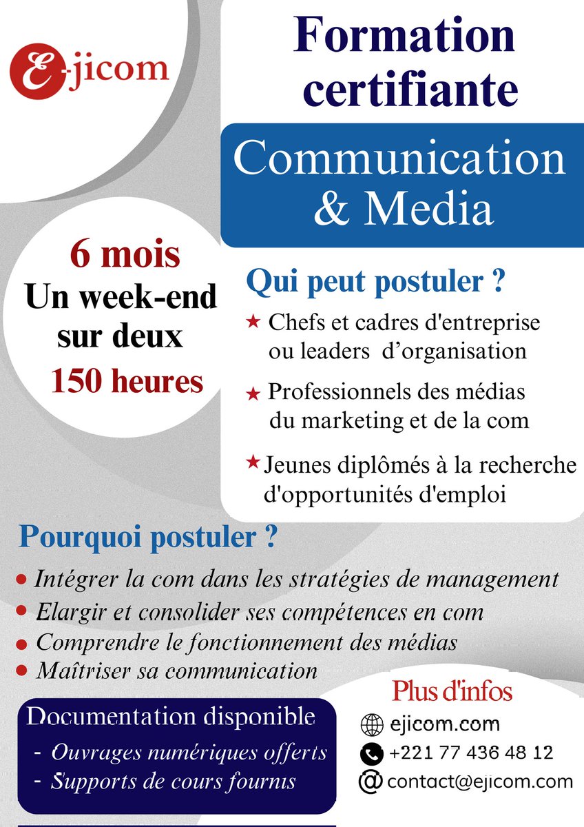 Ecole Ejicom (@eejicom) on Twitter photo l’E-jicom vous propose une formation certifiante en communication sur 6 mois, spécialement conçue pour dynamiser votre carrière.
📌 Les cours débuteront en  avril 2025. Ne manquez surtout pas cette opportunité
#Ejicom #OpportunitéProfessionnelle #FormationExecutive #Communication l’E-jicom vous propose une formation certifiante en communication sur 6 mois, spécialement conçue pour dynamiser votre carrière.
📌 Les cours débuteront en  avril 2025. Ne manquez surtout pas cette opportunité
#Ejicom #OpportunitéProfessionnelle #FormationExecutive #Communication
