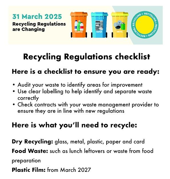 Recycling Regulations are changing
From 31st March 2025 companies with 10+ full-time employees will be required to separate recyclable materials before collection and ensure they remain separate during processing. 
Here's a guide showing what you need to do: