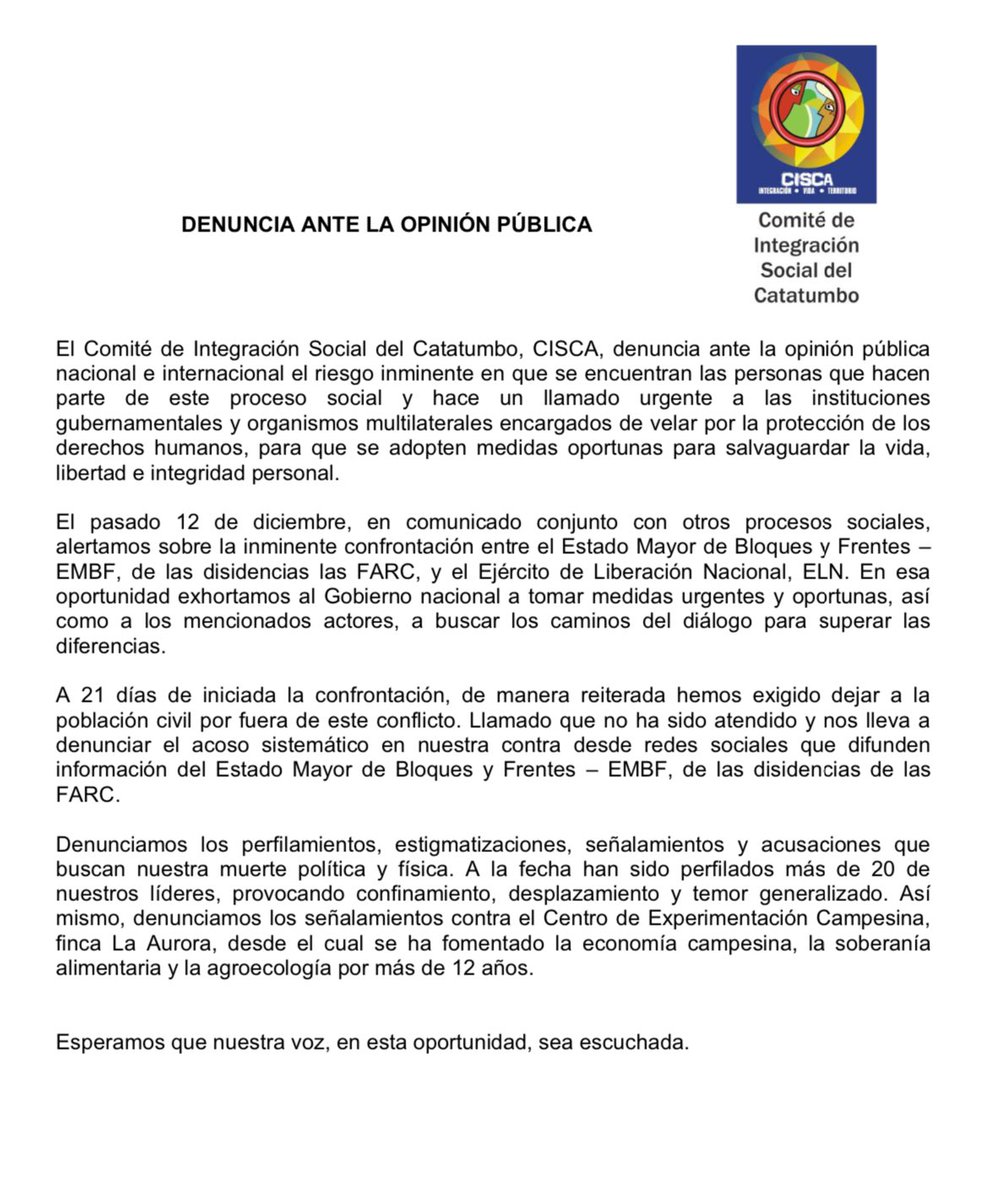 #ATENCION | Denunciamos ante la comunidad nal. e Intl. el riesgo inminente en que se encuentra nuestro proceso, hace un llamado urgente al gobierno y organismos que protegen los DH, para que se adopten medidas para salvaguardar la vida e integridad personal de nuestra dirigencia.