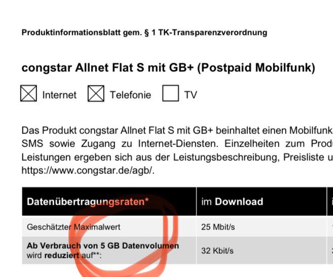 Hallo <a href="/congstar_hilfe/">congstar Hilfe</a>, <a href="/congstar/">congstar</a> wirbt für seinen Tarif Allnet Flat S mit GB+ (Postpaid, 12 statt 3 GB!!), aber wenn man sich das zugehörige Datenblatt anschaut, steht dort, dass ab 5 GB verbrauchtem Datenvolumen auf 32 Kbit/s gedrosselt wird. Also was denn nun: 12 GB oder 5 GB?