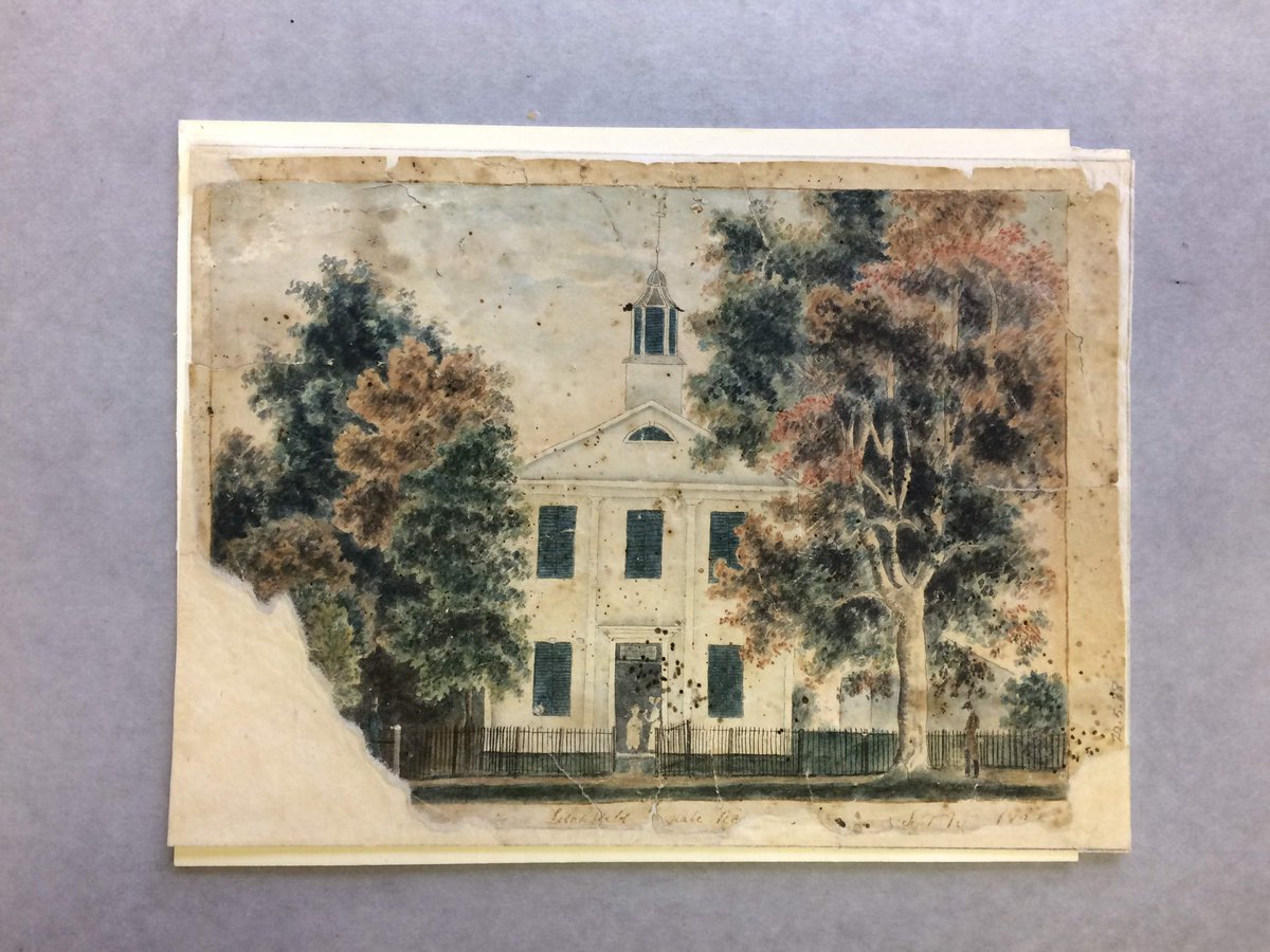 New England is famous for its picturesque fall scenes, like the one depicted in this watercolor. The artist captured autumn leaves slowly changing color outside the Litchfield Female Academy in Litchfield, Connecticut.  #ArchivesLandscape