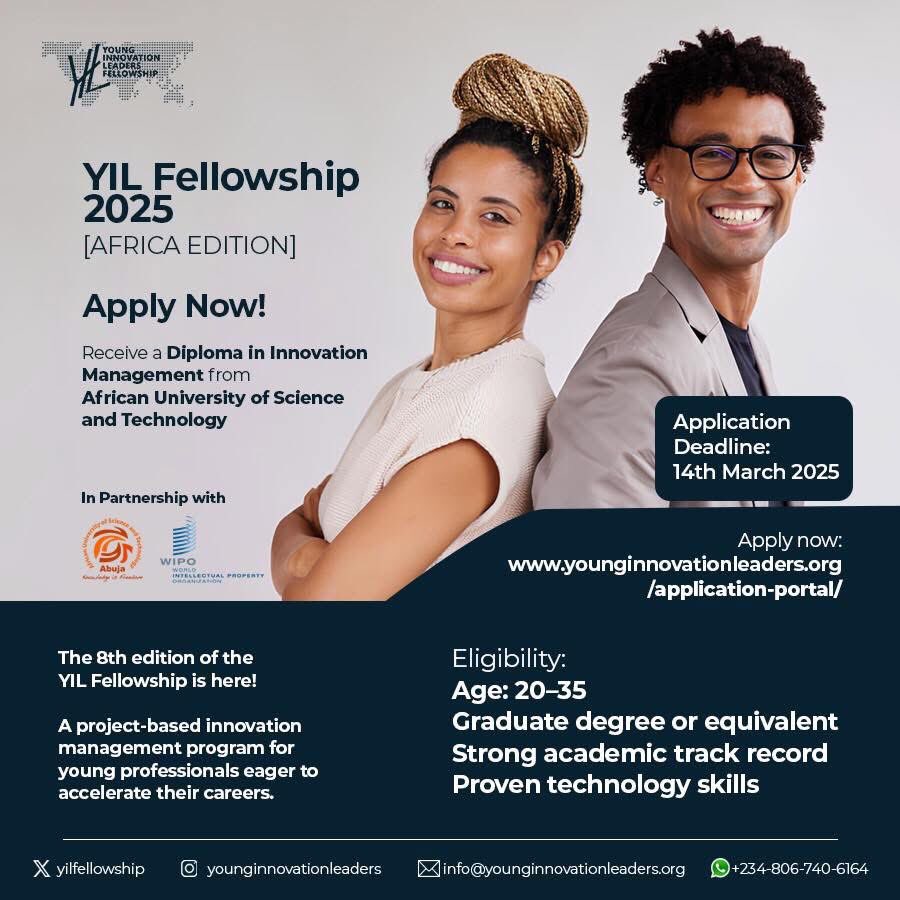 yilfellowship's tweet photo. 🚀 Ready to lead innovation in Africa? The #YILFellowship2025 is open
If you’re 20-35, have a graduate degree & tech skills/interest, apply now to gain cutting-edge expertise & work with global experts. Don’t miss out!
Apply: https://t.co/FGdm3ciaA1
#YILF #YILF2025 https://t.co/NdQsdg8tWH