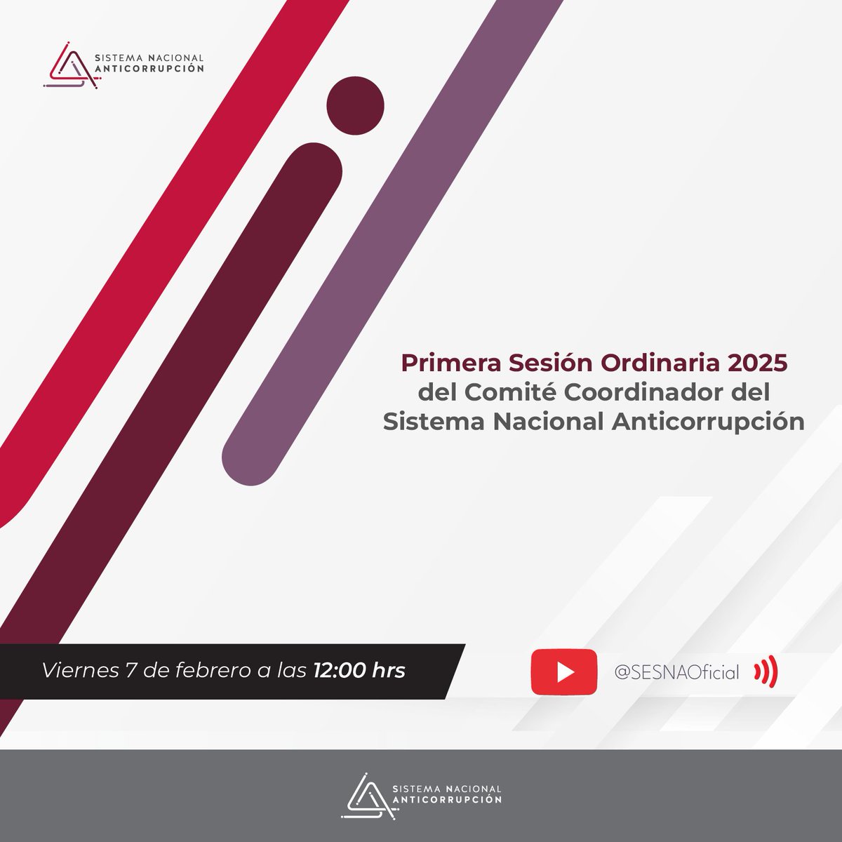 #EsHoy

No te pierdas la transmisión de la Primera Sesión Ordinaria 2025 del Comité Coordinador del #SistemaNacionalAnticorrupción

📅 07 de febrero.
⏰ 12:00 hrs.

Transmisión en vivo a través de: youtube.com/live/j3N-YeQid…

#SNA #Anticorrupción
