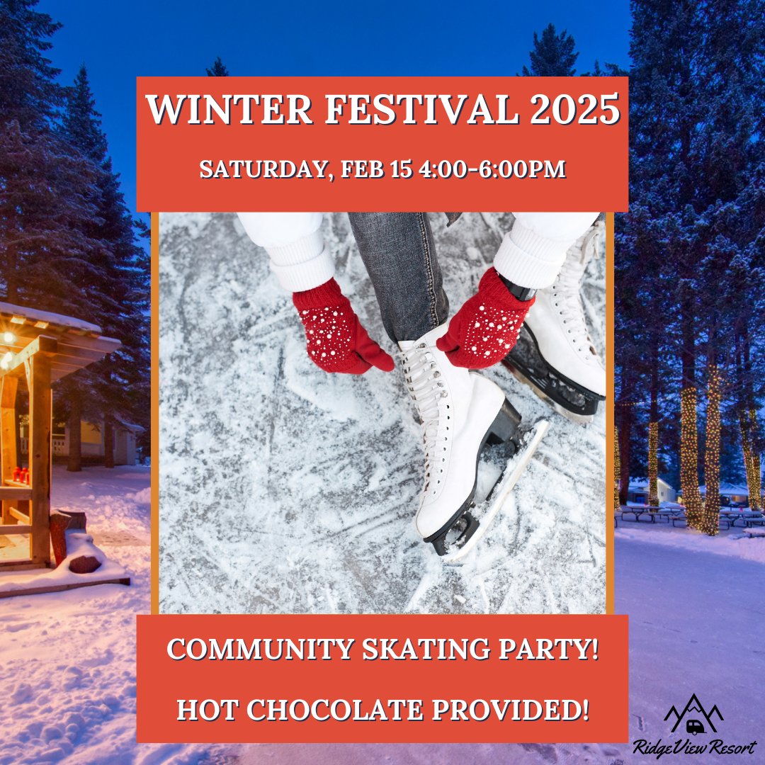 ⛸️❄️ Join Us for a Magical Skating Party at RidgeView Resort! ❄️⛸️  
📅 Date: February 15  
⏰ Time: 4:00 PM – 6:00 PM  
☕ Bonus: Warm up with complimentary hot chocolate - We can’t wait to see you there! ❄️❤️ #WinterFestival #ridgeviewresort #hellobc #travelcv #radiumhotsprings