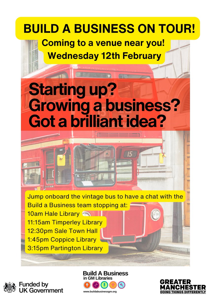 TraffLibraries's tweet photo. Do you want to to start or grow your own business?
The Build a Business team will be on hand to answer your questions as we travel through Trafford on a vintage Routemaster bus! For times and locations please see - https://t.co/v8VXITVONL #startup #business #buildabusiness https://t.co/pFMYEgnj4d