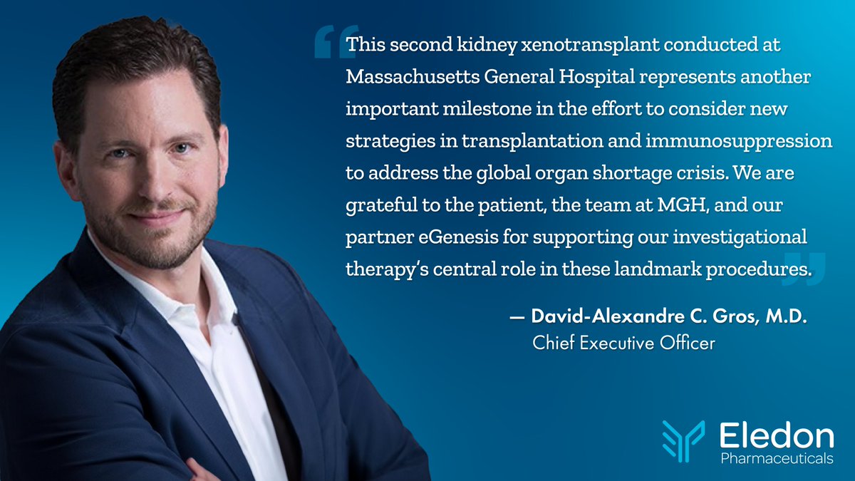 Eledon_Pharma's tweet photo. Today we announced that our investigational therapy was used as a key component of the #immunosuppression regimen for the second patient to receive a transplanted kidney from a genetically modified pig in a procedure conducted by @MassGeneralNews: https://t.co/LofXpV3cNk $ELDN https://t.co/gF3OzQLJWD