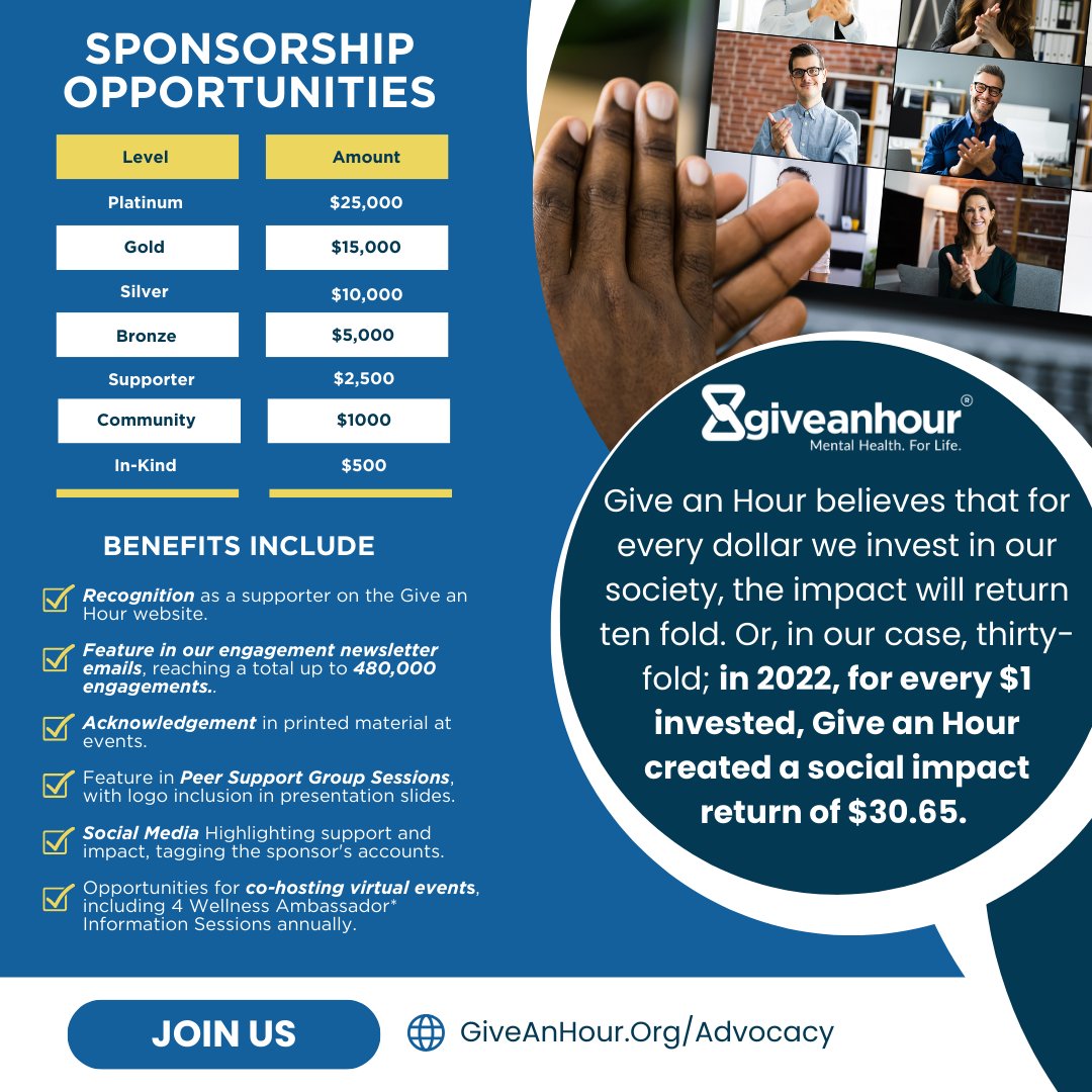 giveanhour's tweet photo. 🌟 Ready to make a BIG impact? Join Give an Hour's Sponsorship Program and help us support mental health in our communities! 💙 Visit https://t.co/E6VM1Hld29 to explore how you can make a difference today!

#SupportMentalHealth #GiveAnHour #SponsorshipProgram #BeTheChange https://t.co/uu5XWfCIzA