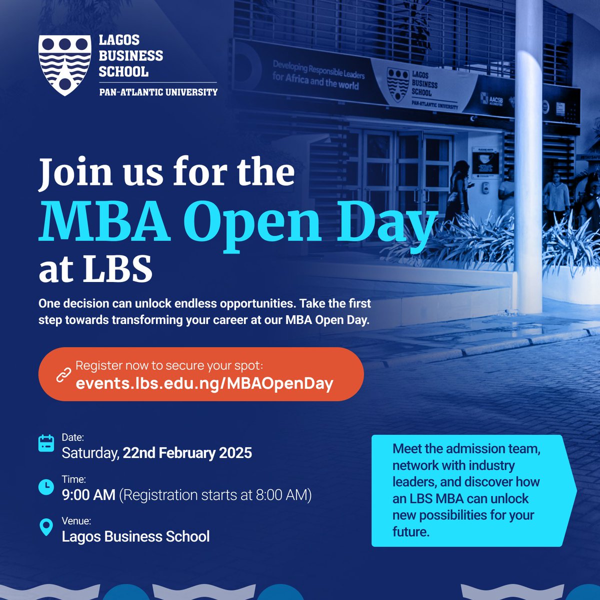 Thinking about an MBA? Walk into Lagos Business School for our MBA Open Day and get all your questions answered—one-on-one with our admissions team!

Date: Saturday, 22nd February 2025
Venue: Lagos Business School
Time: 9:00 AM

Secure your spot now: events.lbs.edu.ng/MBAOpenDay