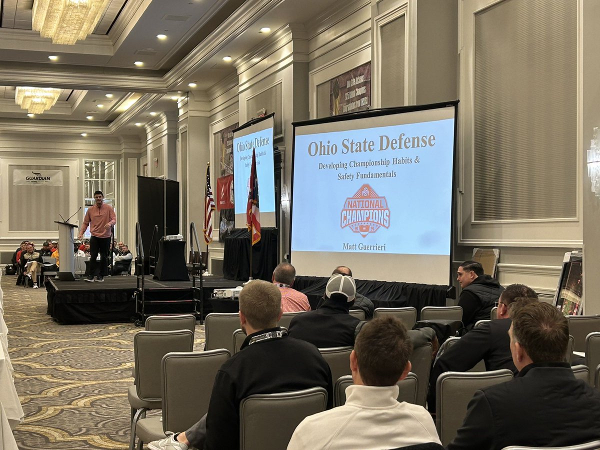 Ohio State safeties coach Matt Guerrieri, a Northeast Ohio native, speaking at the 2025 Ohio High School Coaches Football Coaches Association clinic.