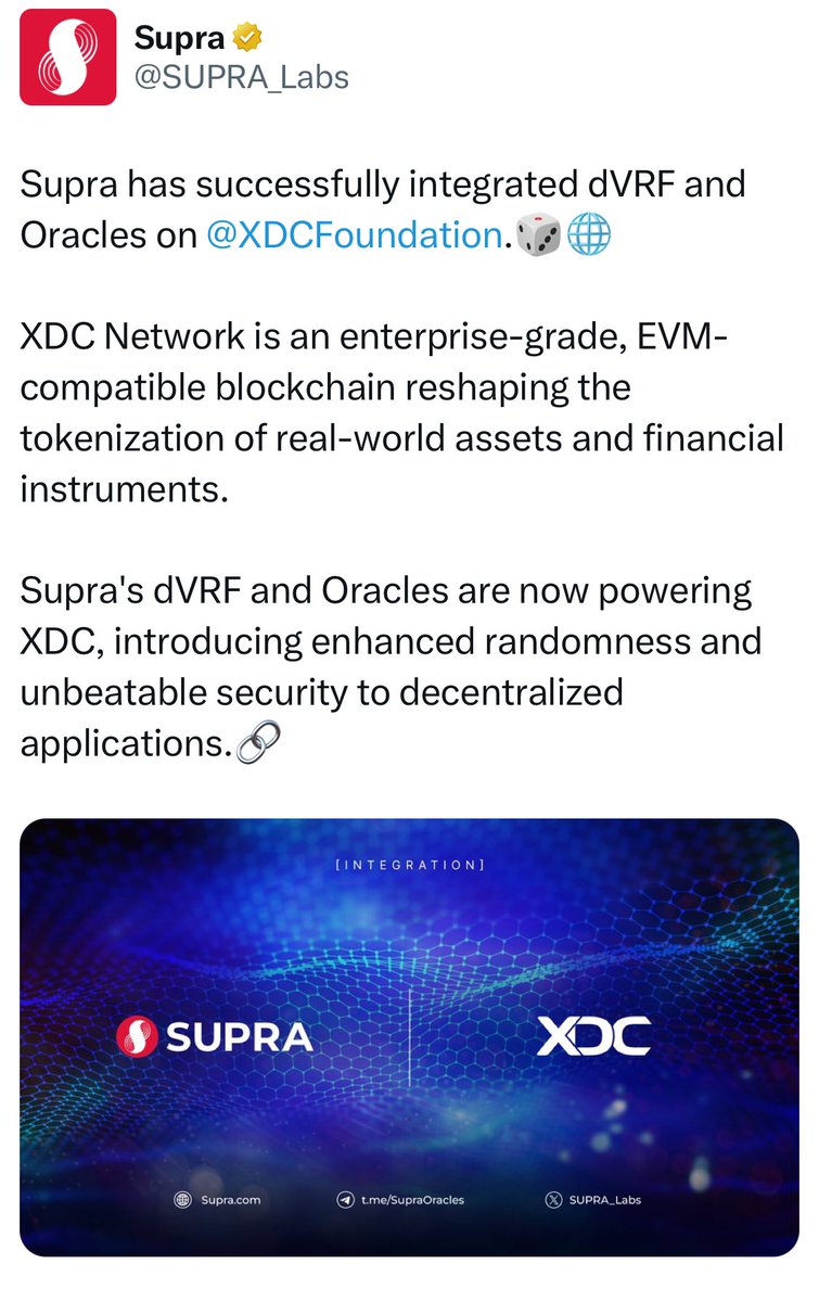 Supra has successfully integrated dVRF and Oracles on @XDCFoundation.🎲🌐  XDC Network is an enterprise-grade, EVM-compatible blockchain reshaping the  tokenization of real-world assets and financial instruments.