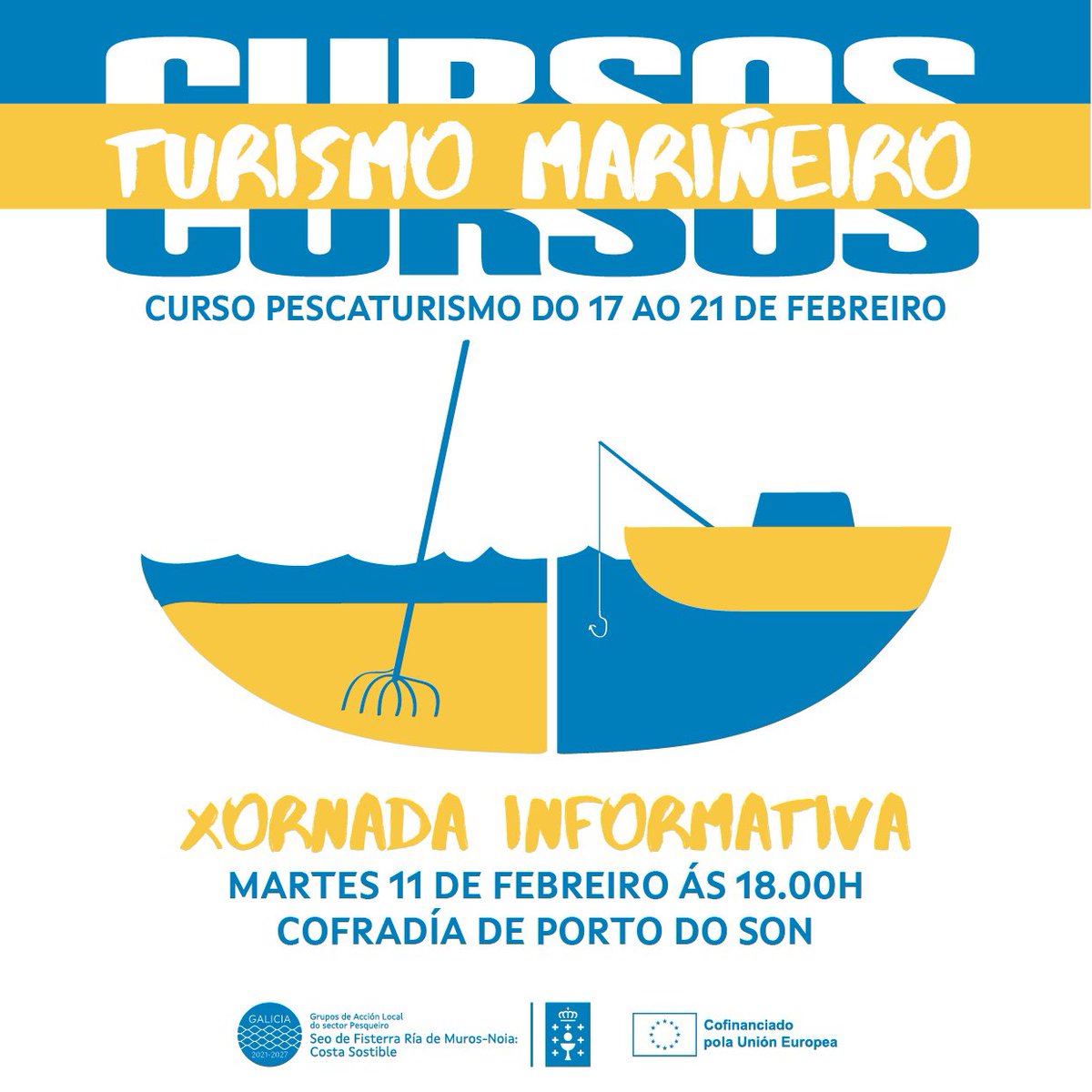 O vindeiro martes, 11 de febreiro, ás 18.00h, teremos unha XORNADA INFORMATIVA na Confraría de Porto do Son sobre os cursos de #turismomariñeiro (pescaturismo), que comenzarán proximamente.