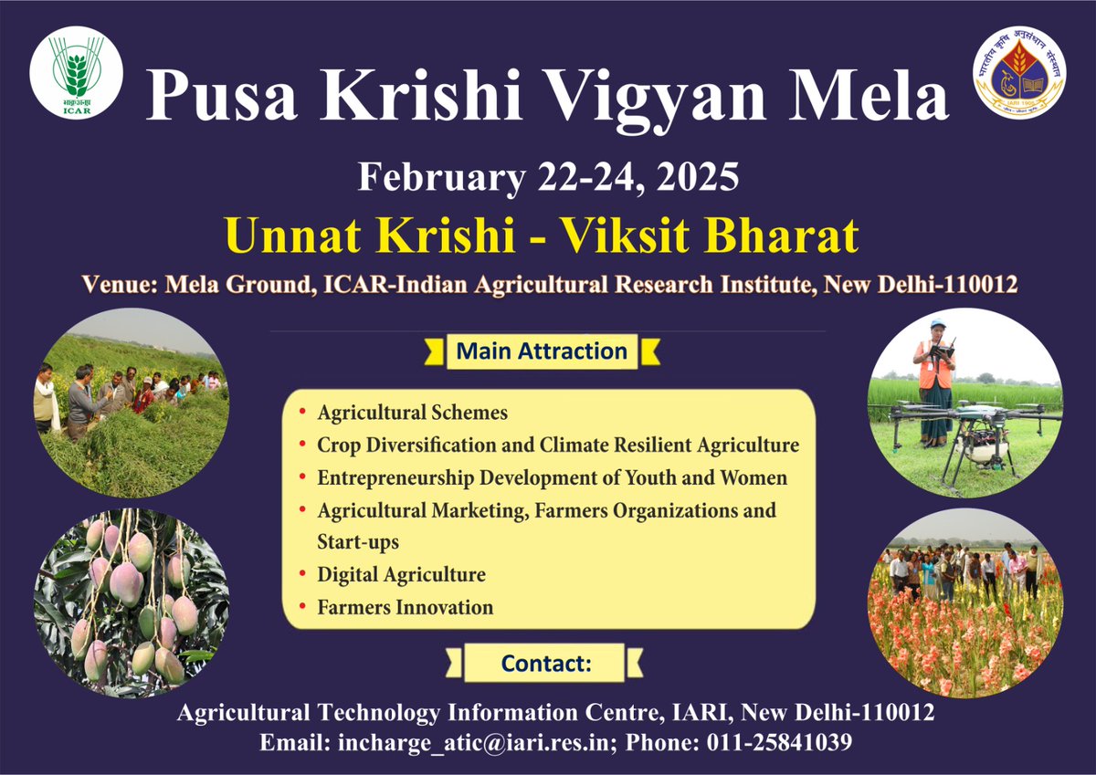 IARI Pusa New Delhi (@iaripusa1) on Twitter photo Please note that the Pusa Krishi Vigyan Mela has been rescheduled to February 22-24, 2025.
<a href="/icarindia/">Indian Council of Agricultural Research.</a> <a href="/AgriGoI/">Agriculture INDIA</a> <a href="/ChouhanShivraj/">Shivraj Singh Chouhan</a> <a href="/mpbhagirathbjp/">Bhagirath Choudhary</a> Please note that the Pusa Krishi Vigyan Mela has been rescheduled to February 22-24, 2025.
<a href="/icarindia/">Indian Council of Agricultural Research.</a> <a href="/AgriGoI/">Agriculture INDIA</a> <a href="/ChouhanShivraj/">Shivraj Singh Chouhan</a> <a href="/mpbhagirathbjp/">Bhagirath Choudhary</a>