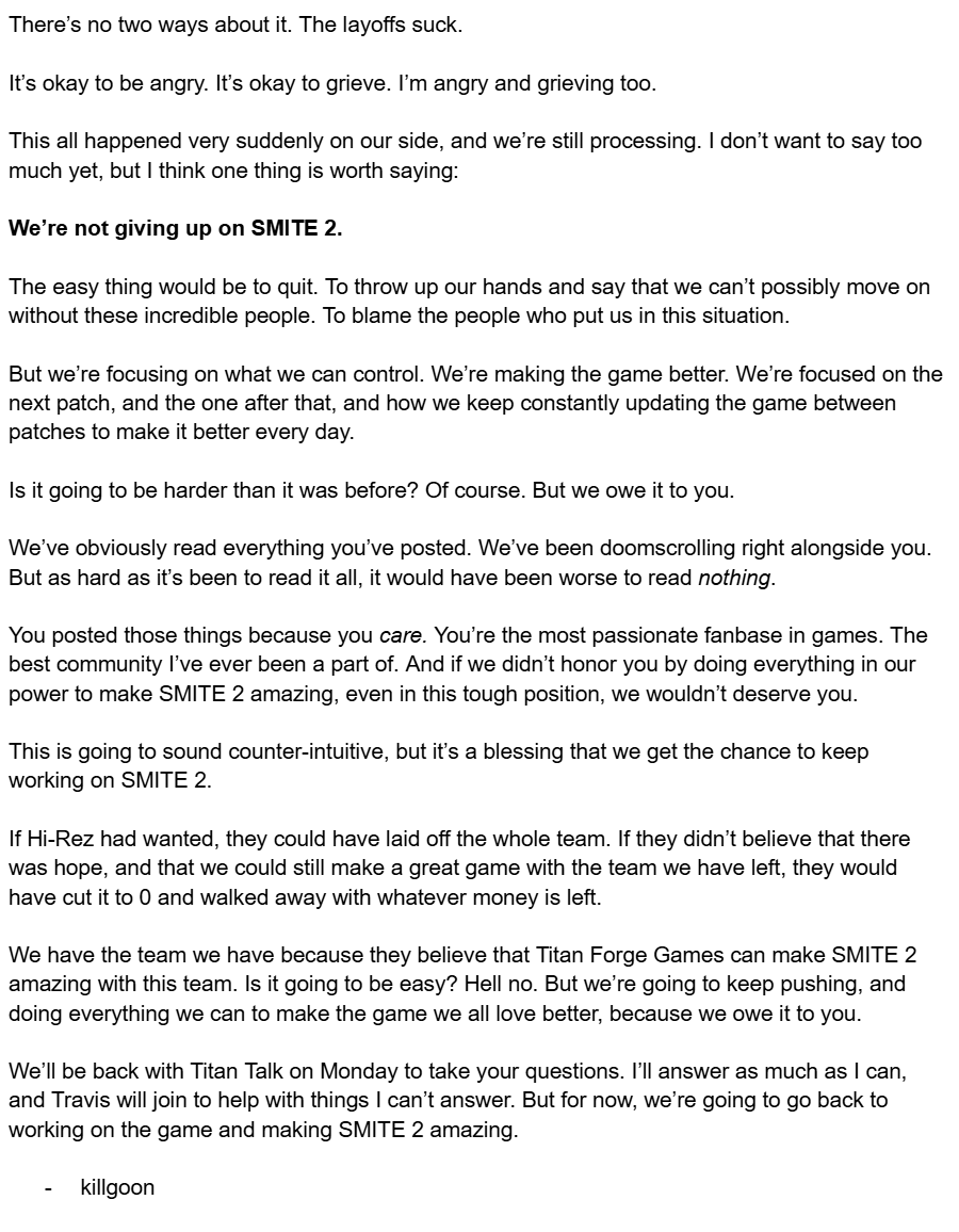 My thoughts on the layoffs, and how we're moving forward.

tl;dr: We're not giving up on SMITE 2.