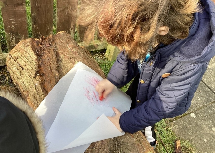 Sadly we lost a lot of our established trees at school in the recent storms. However, we are trying to save as much as we can and use them to benefit our Forest School. Today P2 created some colourful bark rubbings  <a href="/NIForestSchool/">Northern Ireland Forest School Association</a>