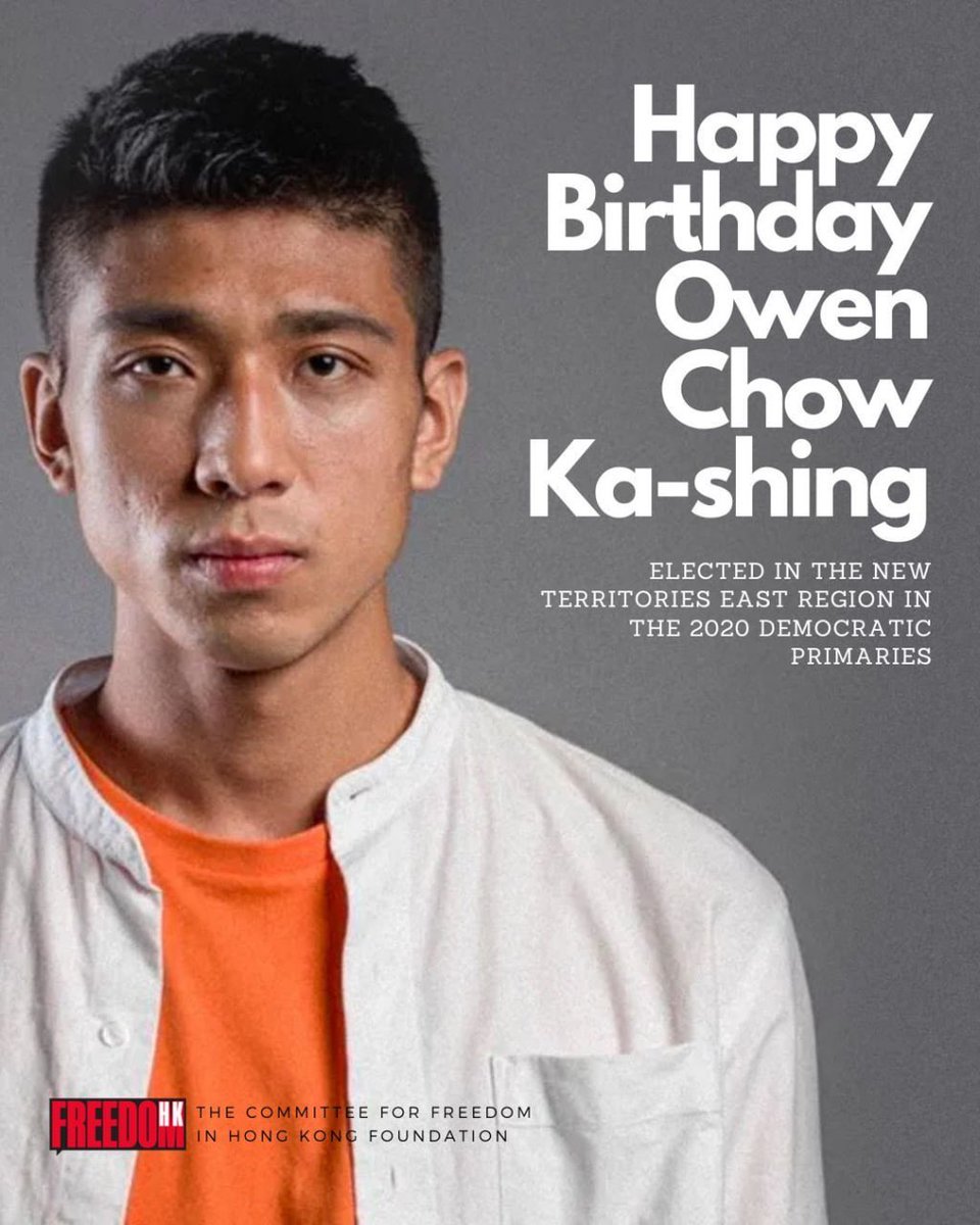 thecfhk's tweet photo. .@Owenchowkashing, nothing can alleviate the pain of a 7 year 9 mth sentence simply for standing up for #HongKong’s future. But today, we mark your birthday so you know you are not forgotten. We will continue to campaign for your release and to #FreeHongKongPoliticalPrisoners. https://t.co/ZoOs2thEKA