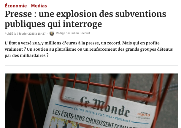 Aides à la #presse : le contribuable a versé - sans le savoir - plus de 200 millions d’euros à des journaux qu'il lit de moins en moins. Pour le plus grand bonheur des propriétaires milliardaires comme Arnault ou Dassault...

lessentieldeleco.fr/1146-presse-un…