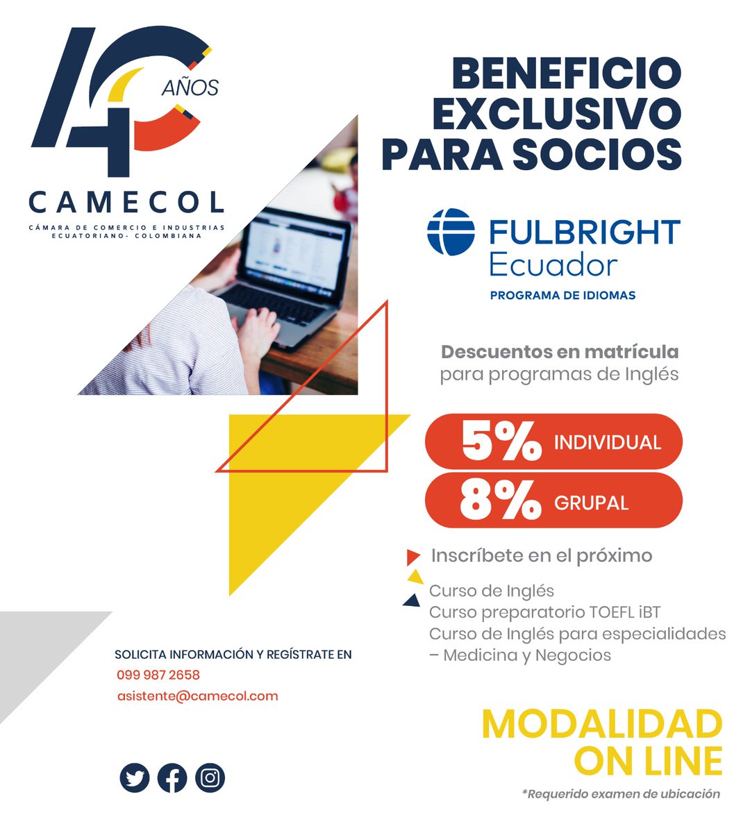 📢Accede al English Teaching Program (ETP) de #FulbrightEcuador con descuentos en matrícula🌍📚
🔹Inglés general
🔹Preparación TOEFL iBT
🔹Inglés para Medicina y Negocios
📝Examen de ubicación (18-20 feb / 4-6 mar).
📲0999872658|📧asistente@camecol.com 
 #CapacitaciónEmpresarial