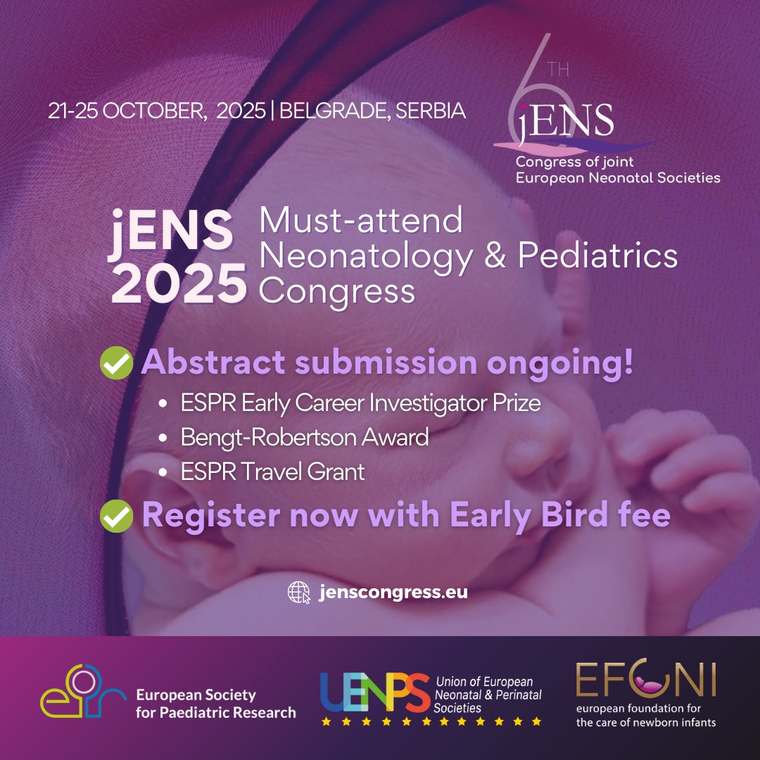 jENS Congress: joint European Neonatal Societies (@jens_congress) on Twitter photo Register early for #jENScongress 2025 to be hosted in #Belgrade, #Serbia to secure exclusive discounts
Share your findings with leading scientific community in #Neonatology and #Paediatrics
Submit here✅: bit.ly/jENS-ABSTRACT
Register now👉 bit.ly/jENS-REGISTRAT…
<a href="/ESPR_ESN/">European Society for Paediatric Research (ESPR)</a> Register early for #jENScongress 2025 to be hosted in #Belgrade, #Serbia to secure exclusive discounts
Share your findings with leading scientific community in #Neonatology and #Paediatrics
Submit here✅: bit.ly/jENS-ABSTRACT
Register now👉 bit.ly/jENS-REGISTRAT…
<a href="/ESPR_ESN/">European Society for Paediatric Research (ESPR)</a>