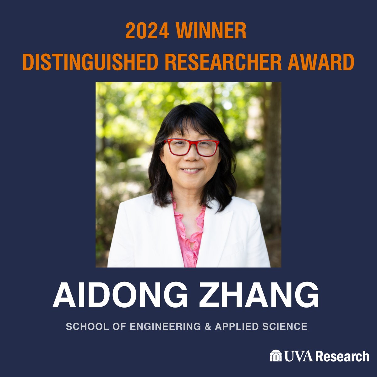 UVA Research (@uvaresearchnews) on Twitter photo Congratulations to Aidong Zhang <a href="/UVAEngineers/">UVA Engineering</a>, winner of the 2024 Distinguished Researcher Award! Congratulations to Aidong Zhang <a href="/UVAEngineers/">UVA Engineering</a>, winner of the 2024 Distinguished Researcher Award!