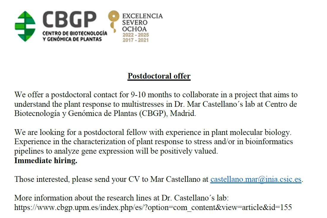 Os dejo información de esta oferta de trabajo. Es un contrato postdoctoral para trabajar el <a href="/CBGP_Madrid/">CBGP</a> 
#PostdoctoralOffer #PlantResearch #PlantStress